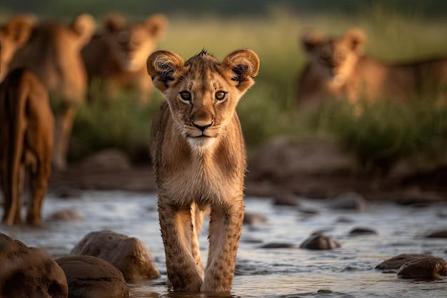 Lion cub exploring the savannah at dusk generative IA