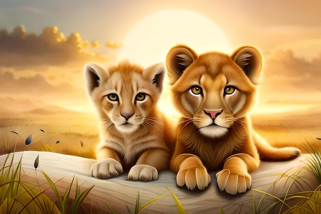 Lion and cub on a log