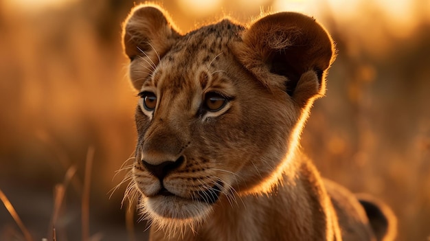 A lion cub looks up at the camera.