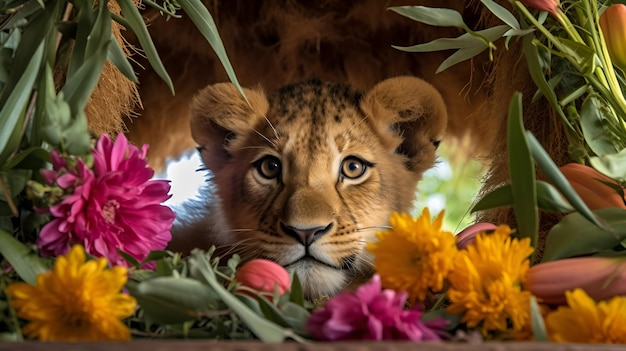 Photo a lion cub peeks through some flowers