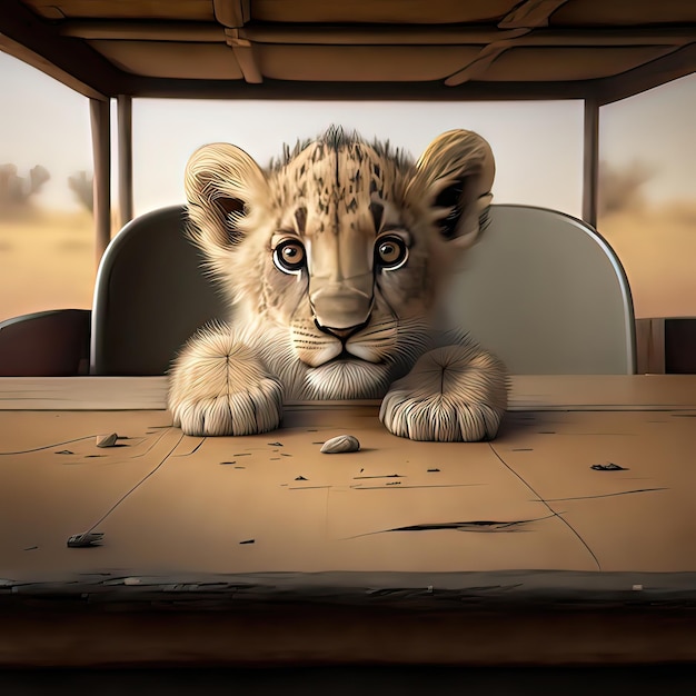 A lion cub sits at a table Wild and exotic animals cute big cat paws wooden furniture warm colors high resolution art generative artificial intelligence