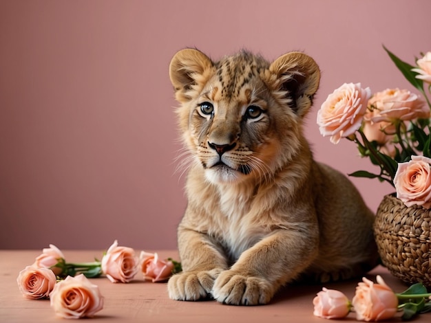 lion cub sitting on a table with flowers