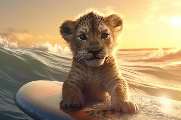 Lion cub surfer on a surfboard having fun on the sea