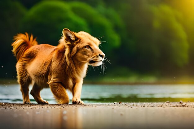 Photo a lion cub walks along the shore of a lake