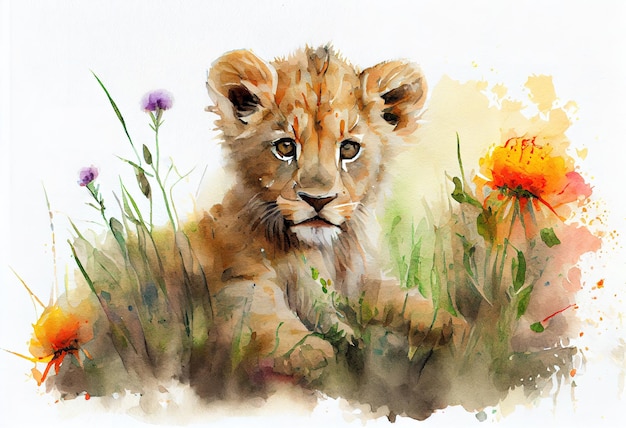 Lion cub Watercolor illustration Generative AI