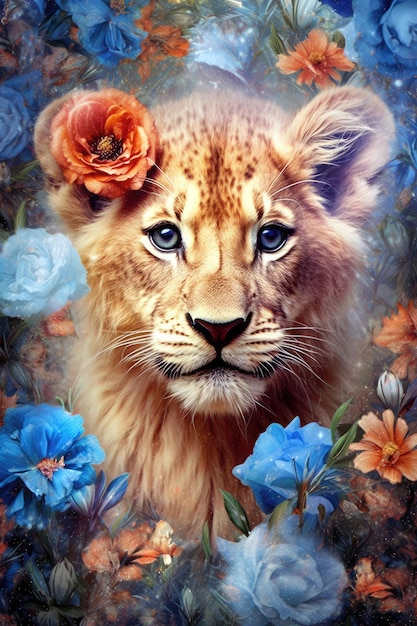 A lion cub with flowers on the face