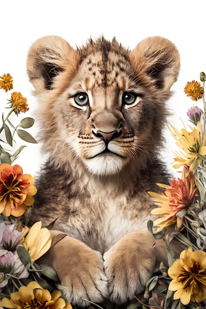 A lion cub with flowers on it