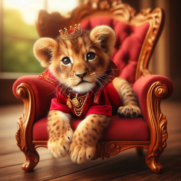 a lion cub with his little manjuba sitting in a red king armchair with gold details wearing a pink
