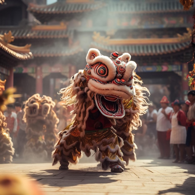 Lion dance and confetti during Chinese New Year celebration