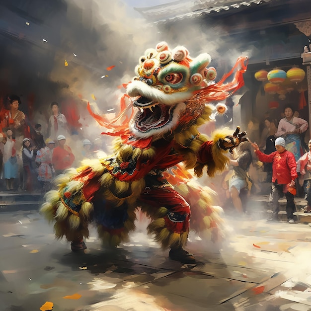 Lion dance and confetti during Chinese New Year celebration