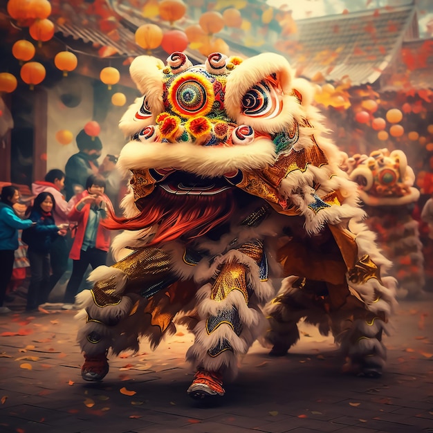 Lion dance and confetti during Chinese New Year celebration