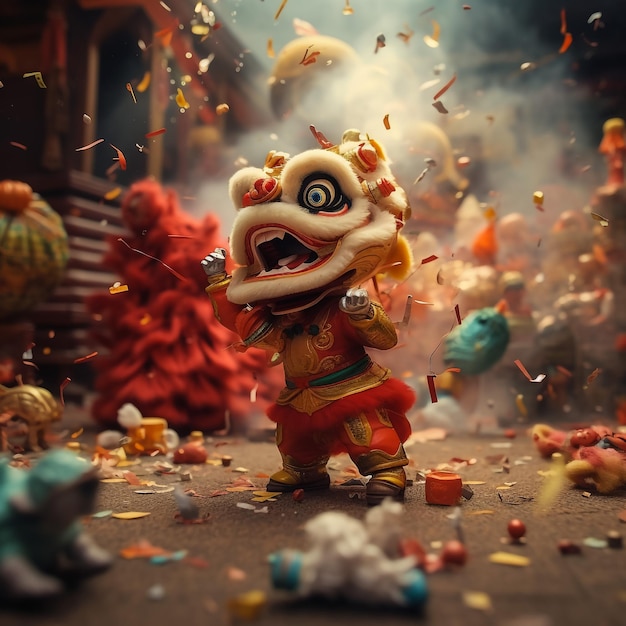 Photo lion dance and confetti during chinese new year celebration