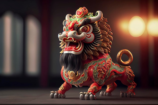 Костюм танца льва, использованный во время иллюстрации китайского Нового года