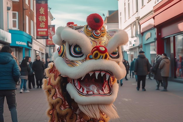 A lion dance in front of a storefront with chinese characters on it