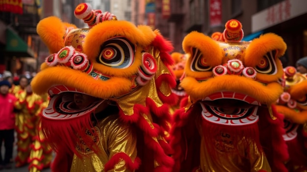 A lion dance is held in a parade in shanghai.