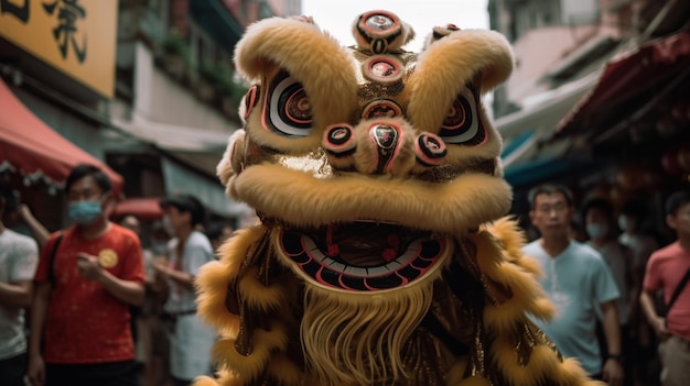 Photo a lion dance is held in a parade in singapore.