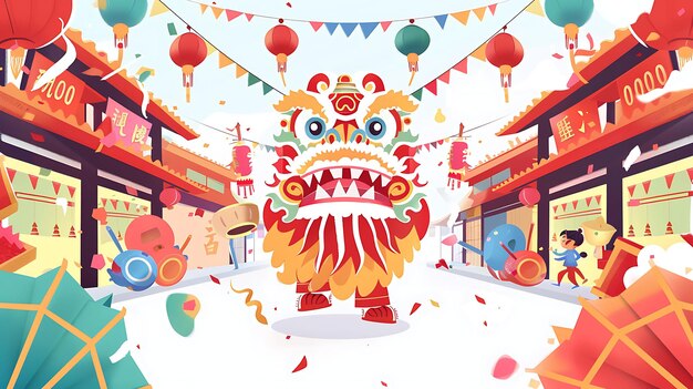 Photo lion dance performance in a bustling street design is dynami lunar asian 2d flat art collage tshirt