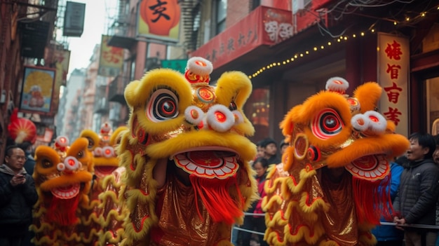 A lion dance performance in chinatown