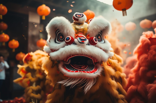 Photo lion dance show in chinese new year festival