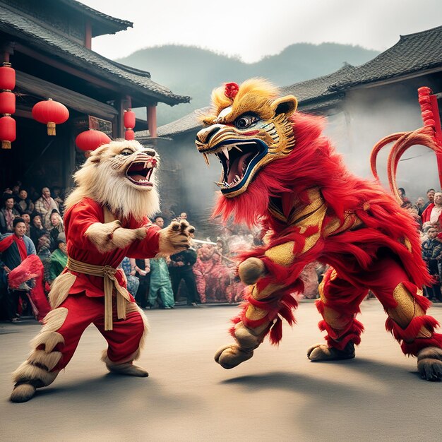 Photo lion dance warding off evil spirits and invoking good luck for the new year