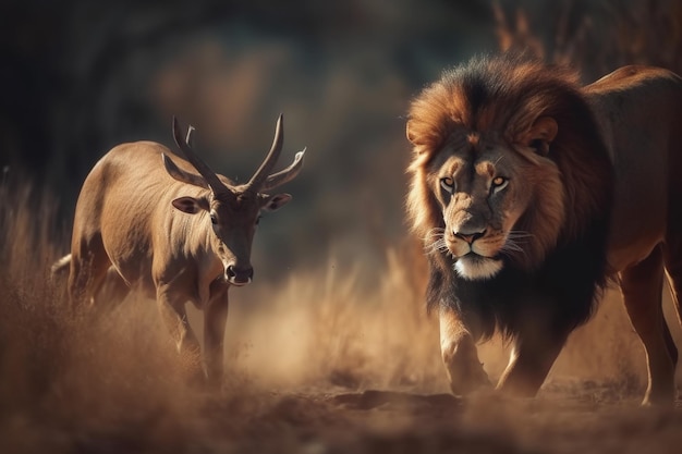 A lion and a deer are walking in the grass generative ai