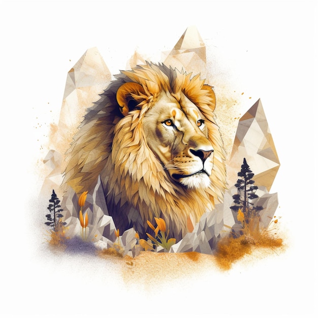 Lion Double exposure of a Lion and nature mountains trees in watercolor art