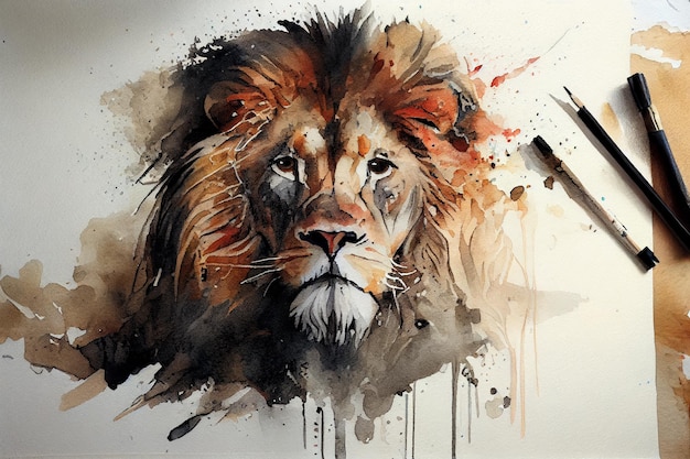 Lion drawing with bit of watercolour generative ai