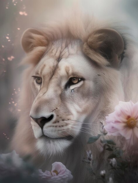 Lion in dreamy effect with flowers fine art