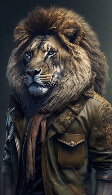 Lion dressed up with a shirt and jacket