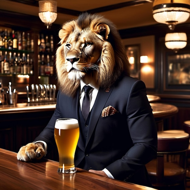 A lion drinking a beer