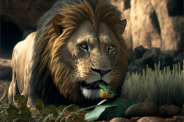 A lion eating a leaf in a jungle