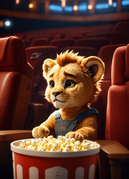 a lion eating popcorn in a theater with a bowl of popcorn