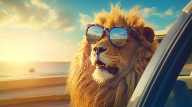 lion enjoying from traveling by car generative AI