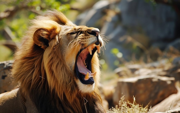 Lion exhibiting a majestic yawn in the midday heat