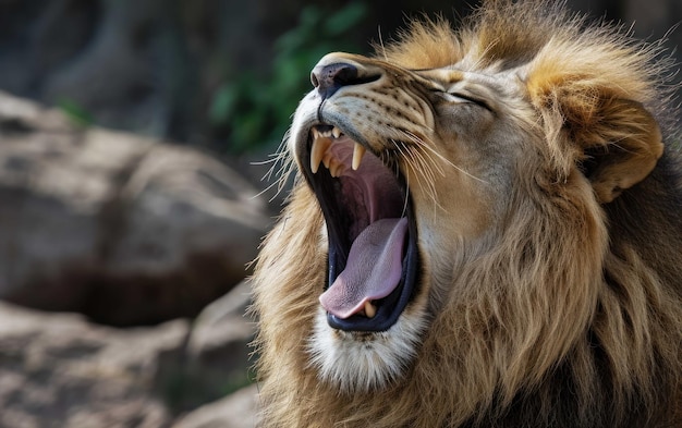 Photo lion exhibiting a majestic yawn in the midday heat