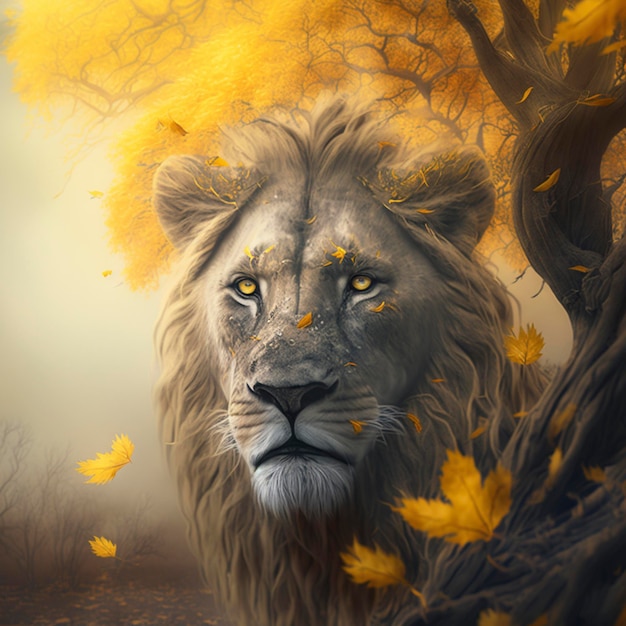 Lion face with yellow treedry leaf full hd