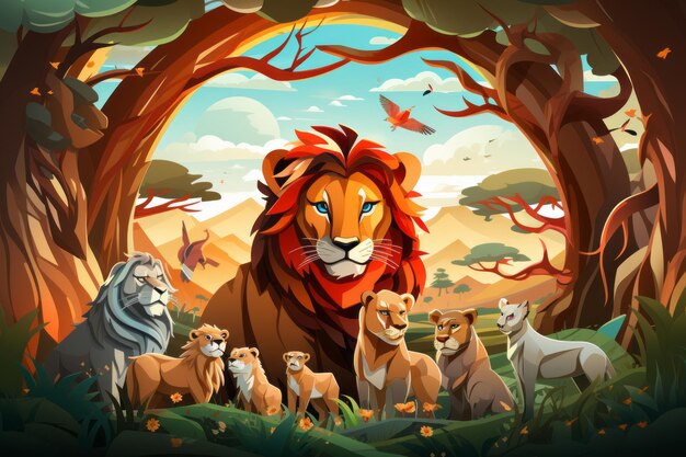 Lion family in the jungle vector illustration