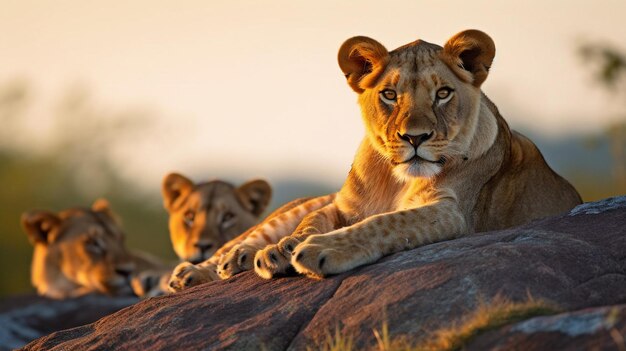 Foto famiglia di leoni che si riposano sulla roccia nell'ora d'oro
