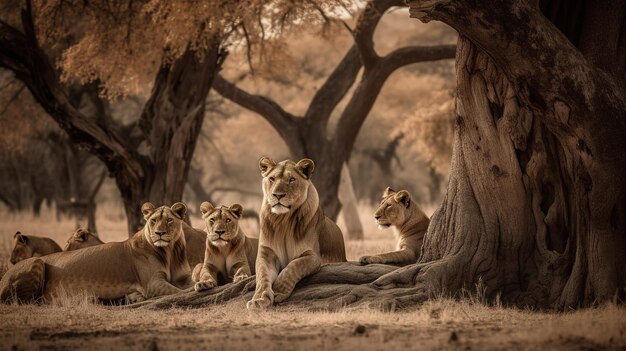 Lion family under a tree in the serengeti