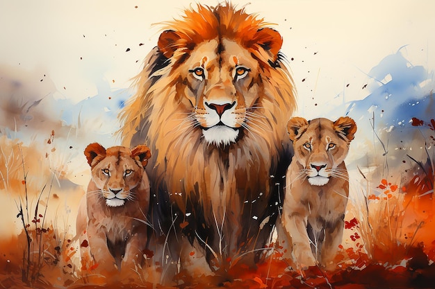 Семья львов в дикой природе, нарисованная акварелью