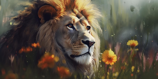 A lion in a field of flowers