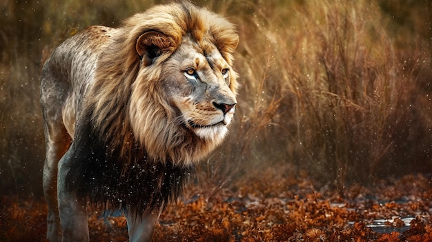 A lion in a field with fall leaves