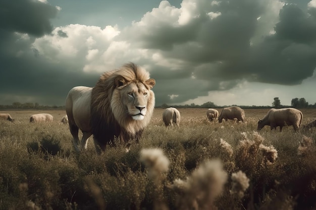 A lion in a field with sheep