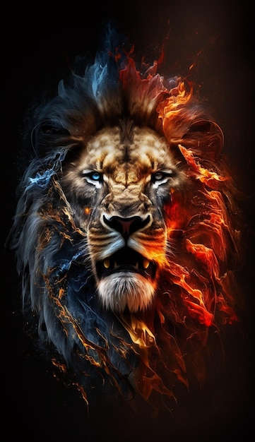 A lion and fire in the background