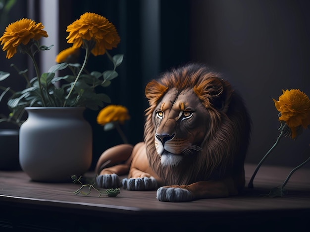 A lion and flowers on a table