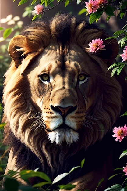 The lion in the flowers