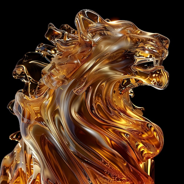 Lion Formed in Caramel Material Transparent With Golden Liqu Background Art Y2K Glowing Concept