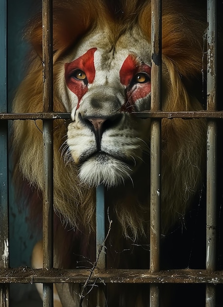 Lion in full face makeup like Clowncolorful face behind cage