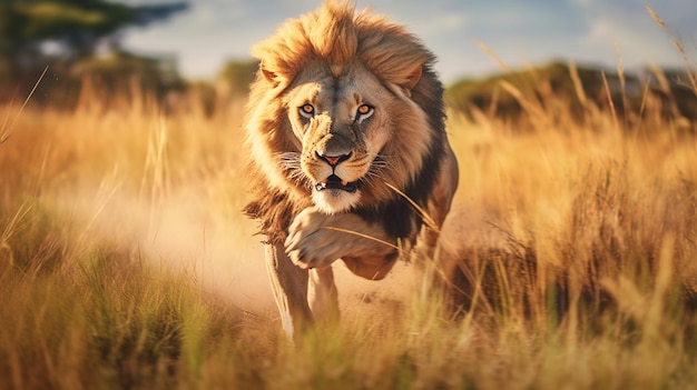 Lion in Full Sprint across the African Savannah Roar of the Wilderness