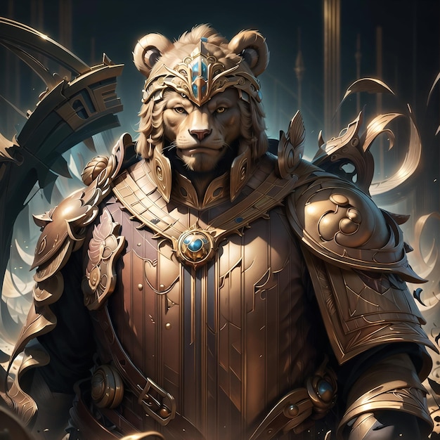 A lion in a golden armor stands in front of a golden gate.